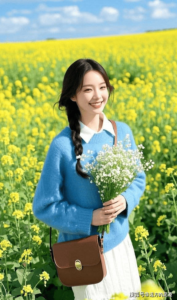 春游：甜美微笑，身穿蓝色宽松版毛衣露着白色领口美女