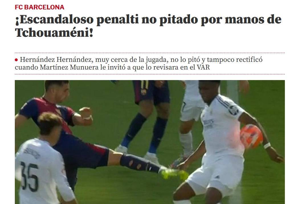 世体：令人震惊的判罚！琼阿梅尼手球是明显点球 他应该2黄被罚下