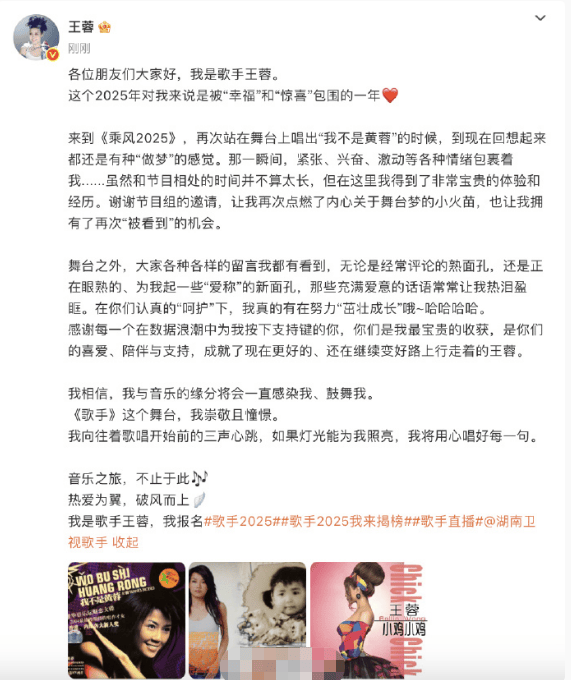 王蓉称自己已报名参加《歌手2025》：这个舞台我崇敬且憧憬