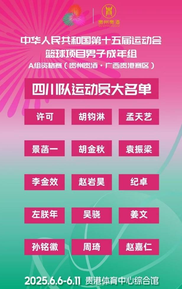 四川队公布全运会男篮名单：周琦领衔 胡金秋孙铭徽在列