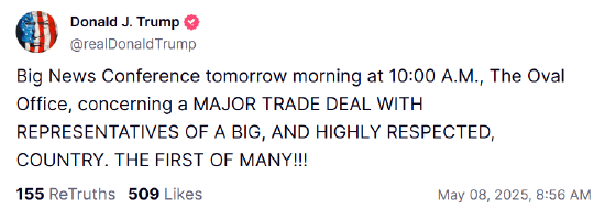特朗普称其将宣布与某个大国的“重大贸易协议”