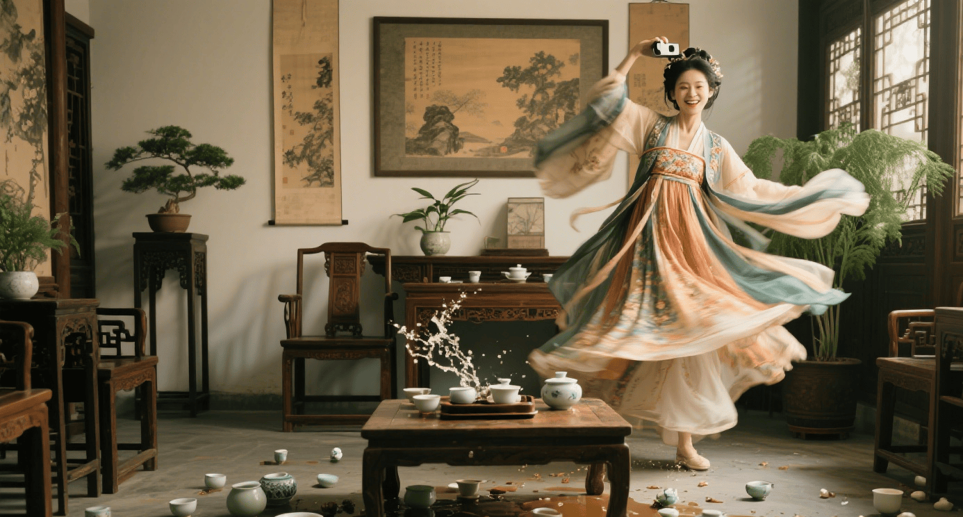 原创            欢乐一刻：汉服拍照笑到模糊，裙摆扫翻茶桌茶具！