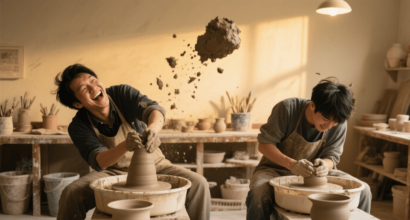 爆笑段子： 陶艺拉坯笑到甩泥，陶泥飞进隔壁小哥头发！