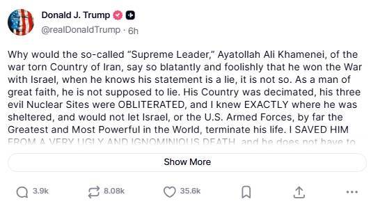 特朗普：饶了哈梅内伊一命，还免了他“谢谢我”