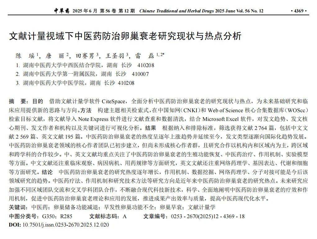 文献计量视域下中医药防治卵巢衰老研究现状与热点分析