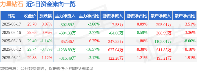 股票行情快报：力量钻石（301071）6月17日主力资金净卖出302.59万元