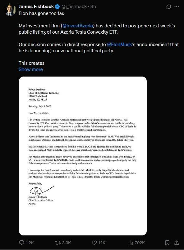 投资公司CEO不满马斯克建新党，推迟特斯拉ETF上市