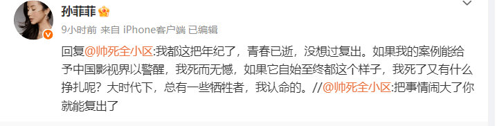 孙菲菲发文称自己没想过复出：我都这把年纪了青春已逝