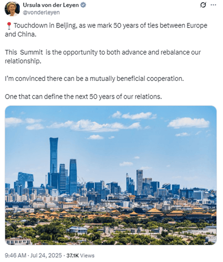 冯德莱恩抵达北京后表态：坚信欧中能够实现互利合作