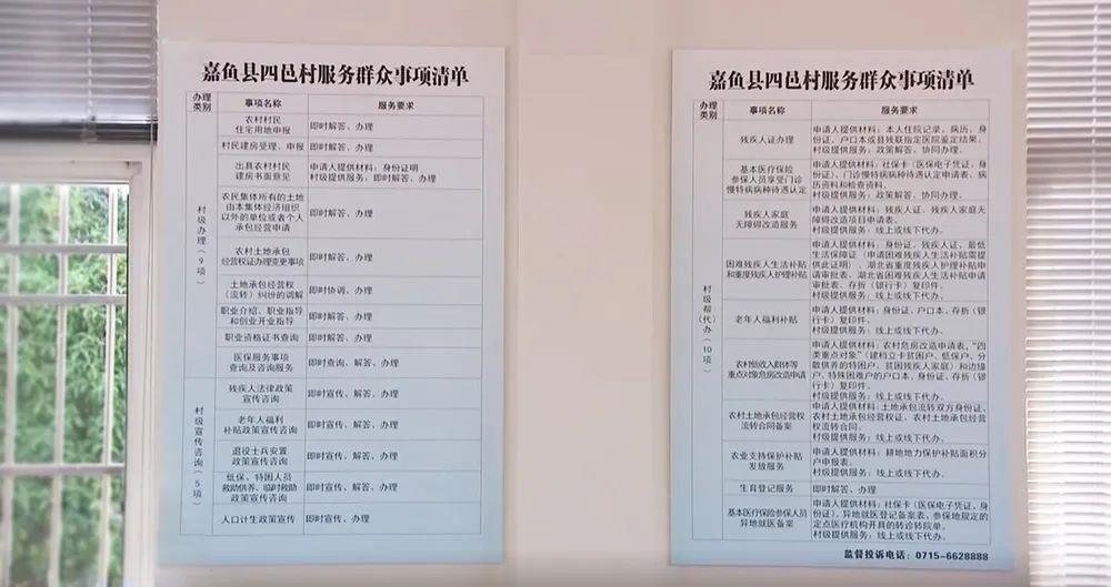 △湖北咸宁市潘家湾镇四邑村党群服务中心张贴的《服务群众事项清单》。