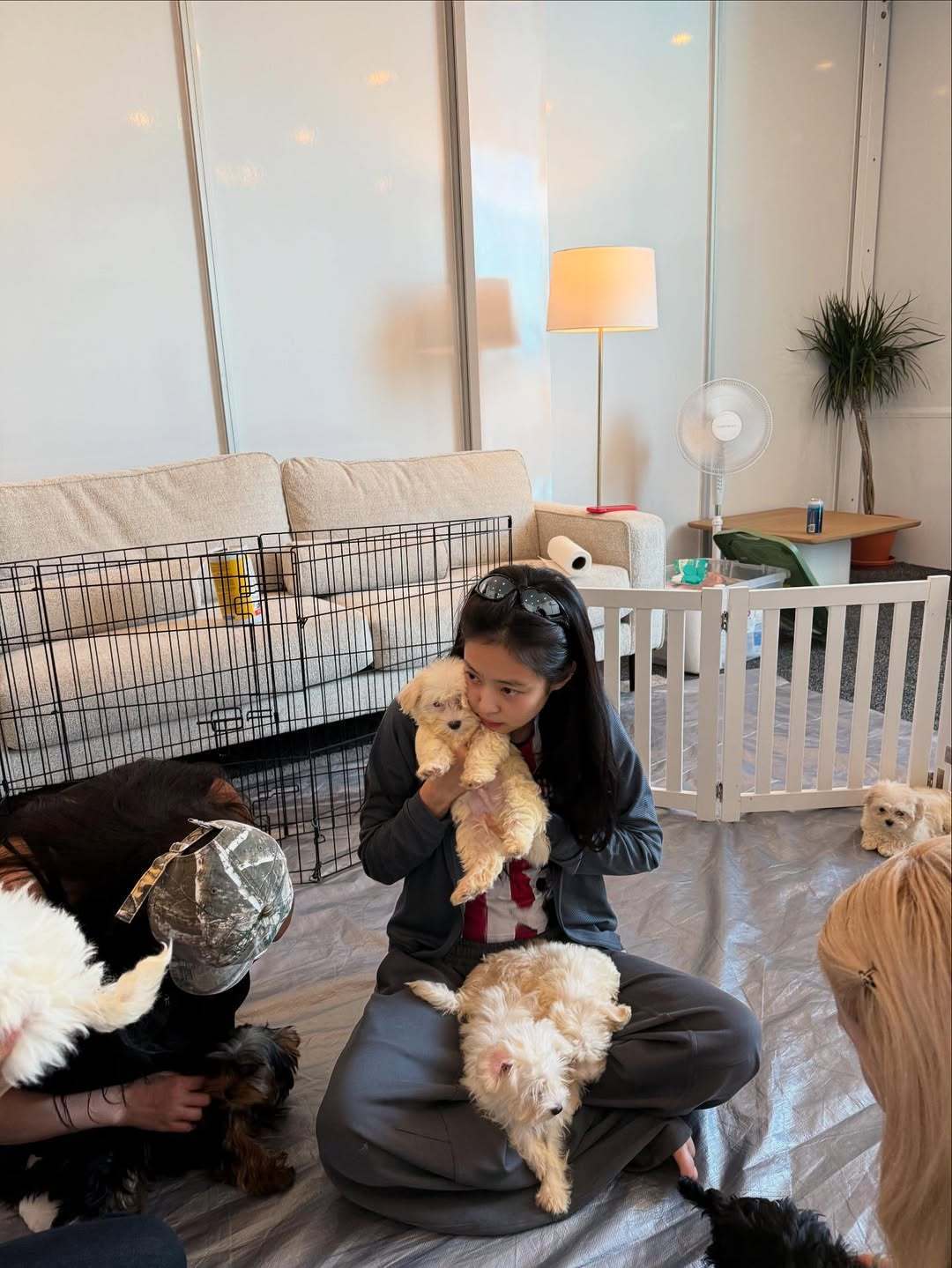 Jennie晒生活日常照片 坐地上抱小狗超可爱