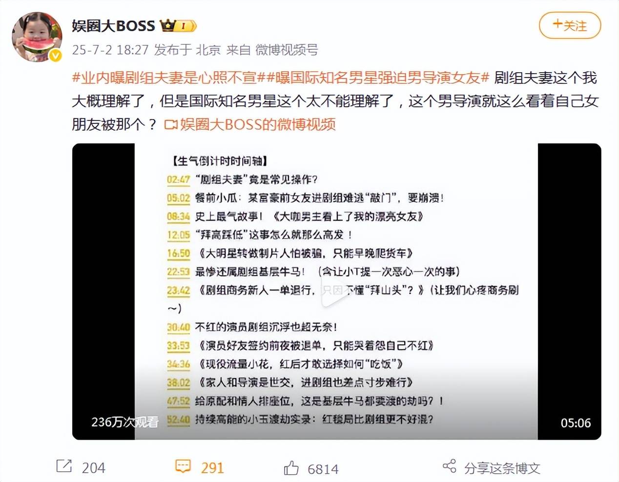 原创            曝国际知名男星强迫男导演女友陪睡！曾出轨的成龙躺枪了