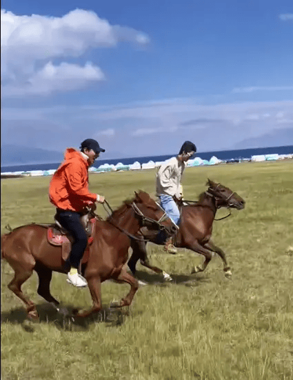 张亮带天天草原上骑马 父子俩骑马技术娴熟超潇洒