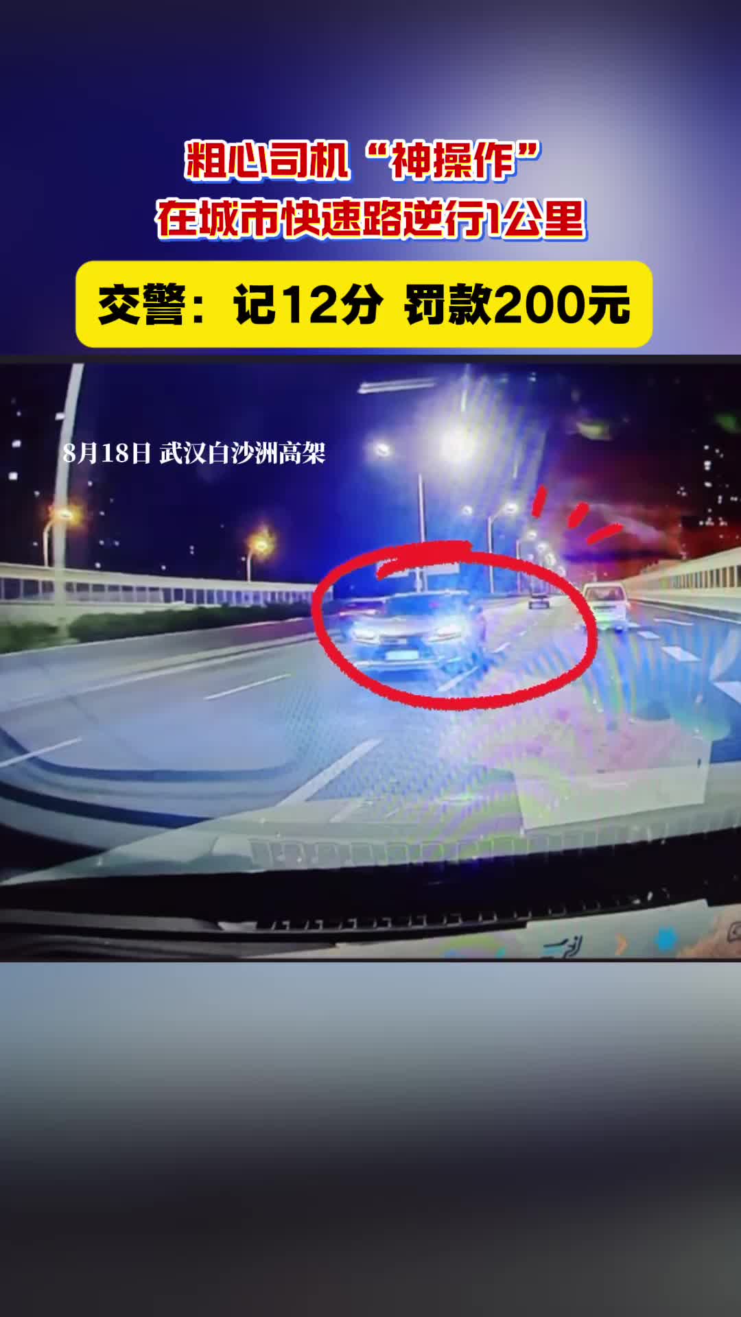 城市快速路逆行？记12分！罚款200元！