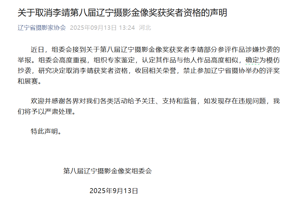 李靖作品确定为模仿抄袭，荣誉被收回