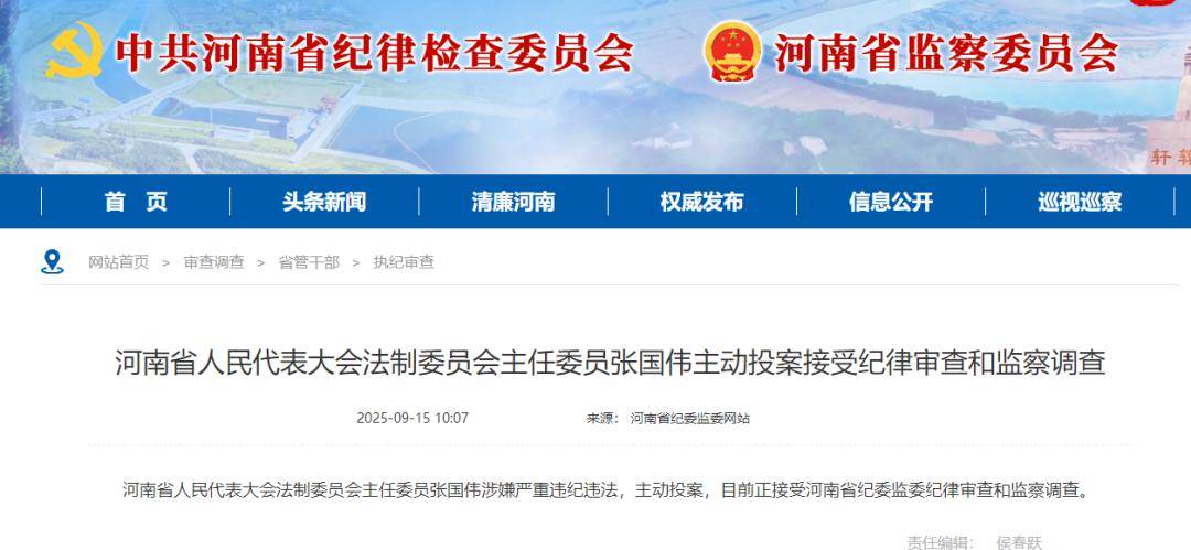 曾任平顶山市长，新乡市委书记，省人社厅厅长，河南省人民代表大会法制委员会主任委员张国伟主动投案