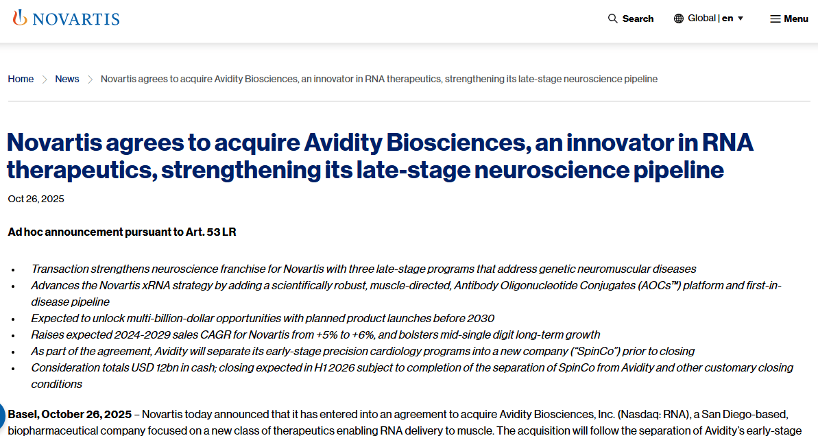 搜狐医药 | 诺华120亿美元收购Avidity，聚焦神经肌病领域治疗