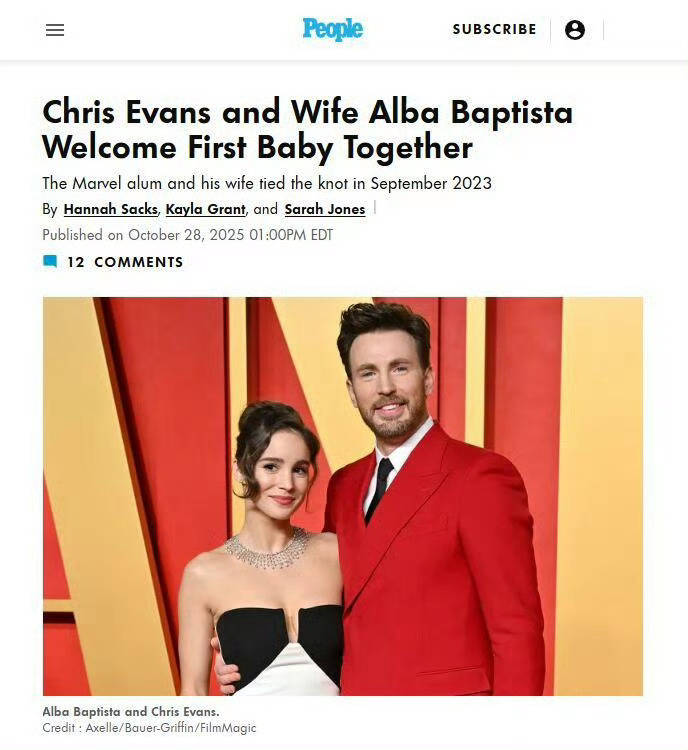 恭喜!44岁“美队”克里斯·埃文斯被曝当爸爸 与28岁妻子阿尔芭迎来第一个孩子