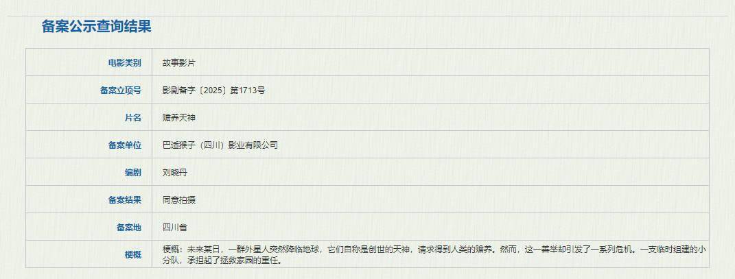 《赡养天神》备案立项 《疯狂的外星人》编剧执笔!