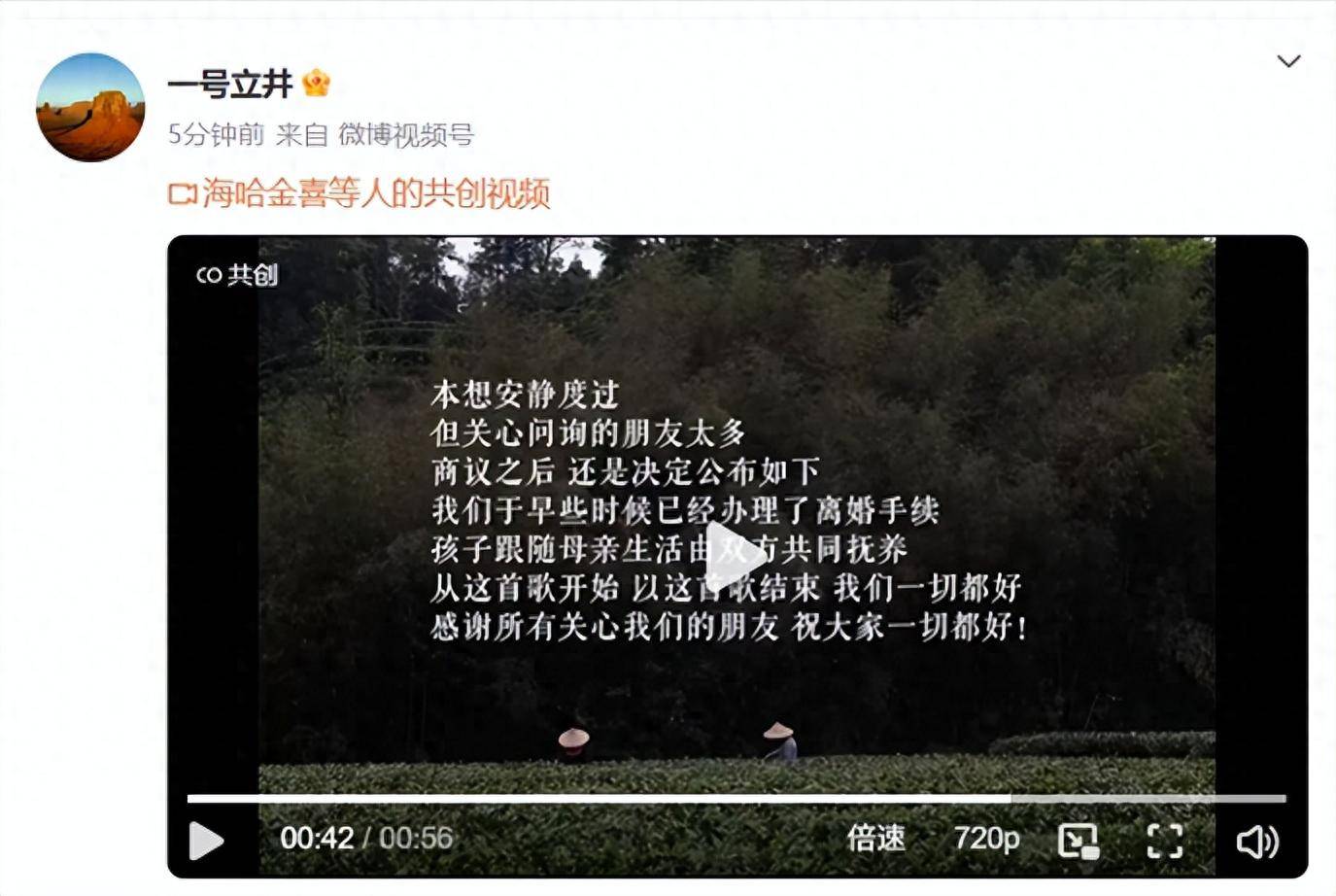 原创            李亚鹏官宣与海哈金喜离婚，两人协商决定孩子会由双方共同抚养