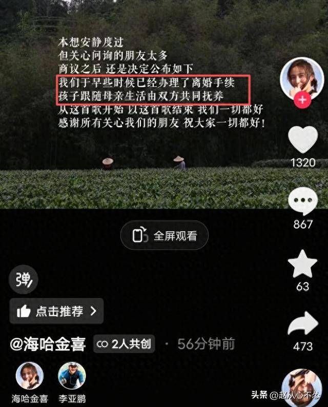 原创            突发！李亚鹏海哈金喜官宣离婚，孩子随母亲生活，王菲有先见之明