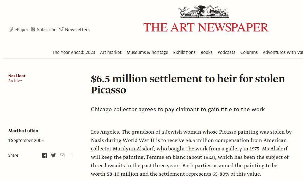 当年犹太人逃纳粹迫害低价卖出毕加索真迹，他的后代想把画要回来