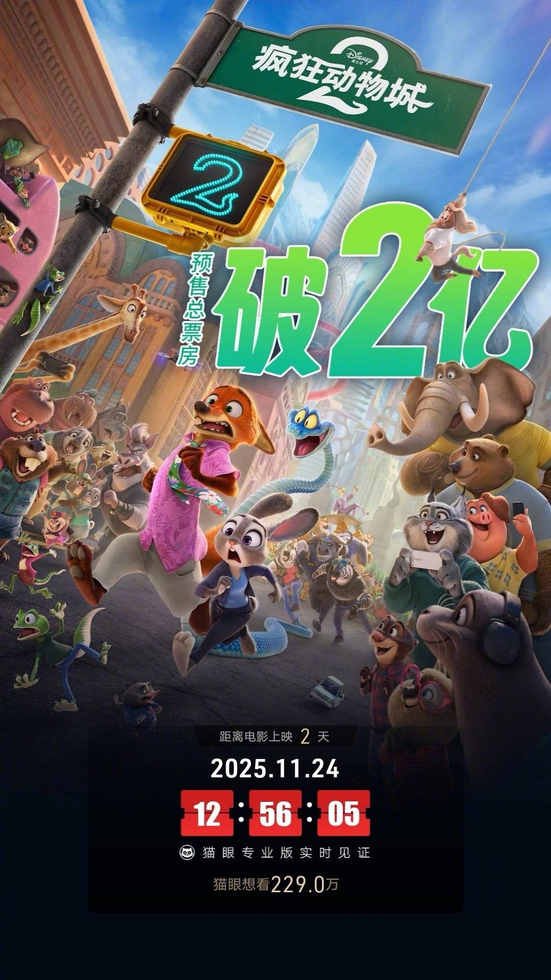 《疯狂动物城2》预售票房破2亿 成为中国影史首部预售票房突破2亿的进口动画电影