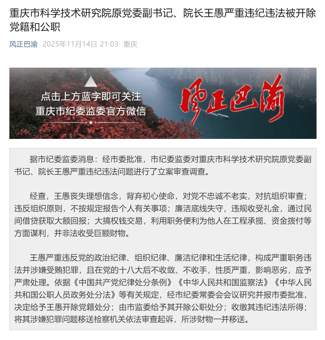 重庆市科学技术研究院原党委副书记、院长王愚被“双开”