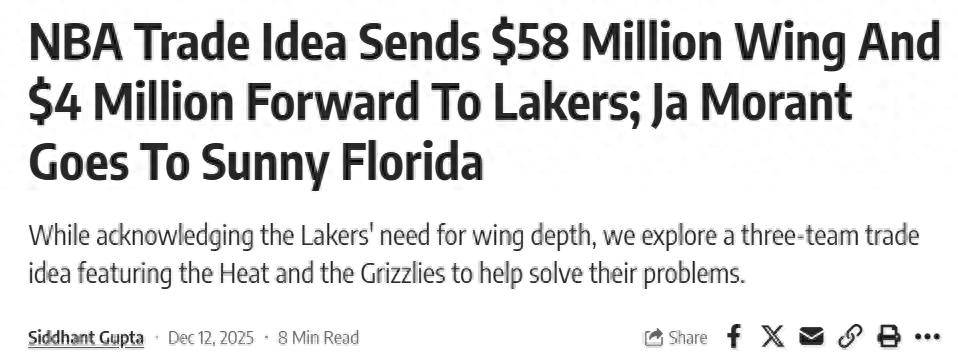 原创            各取所需？美媒晒3方6人交易方案：湖人拿下维金斯热火押宝莫兰特