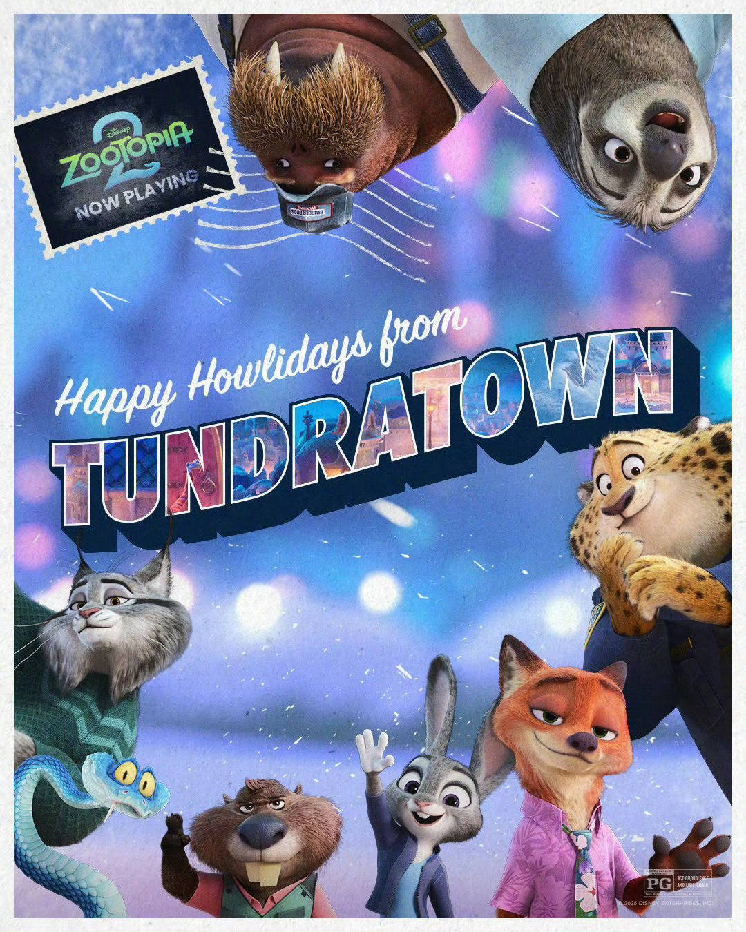 《疯狂动物城2》发布圣诞海报 朱迪尼克带领动物们从冰川镇送来祝福