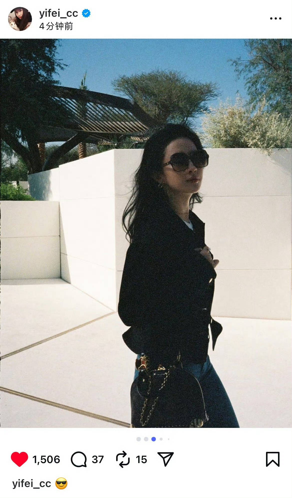 刘亦菲INS晒库存美照！戴墨镜又美又飒气场全开