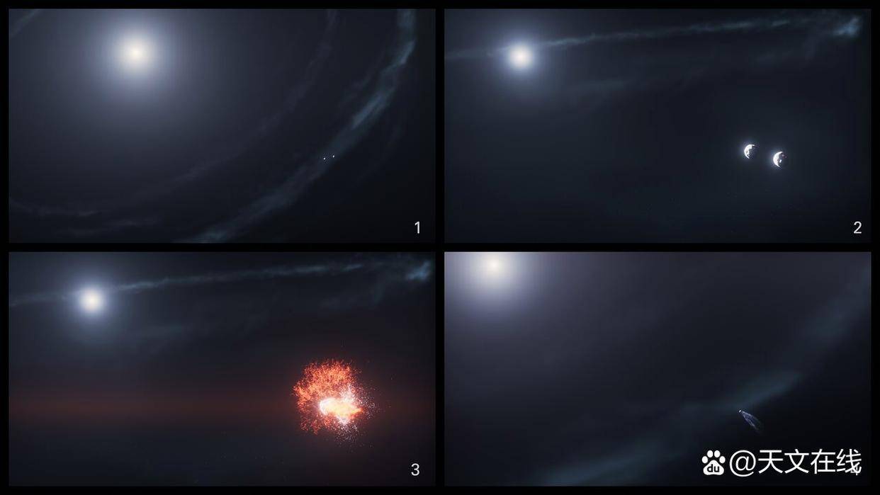 #电商带货晋级赛# #HST天文酷图# #天文酷图# 【北落师门 cs2（艺术家概念图）】【信息来源日期：2025 年 12 月 18 日 20:00】这幅艺术概念图展示了导致北落师门恒星周围尘埃云 cs2 形成的一系列事件。[图像描述：这张标记为 1 到 4 的四幅图像显...