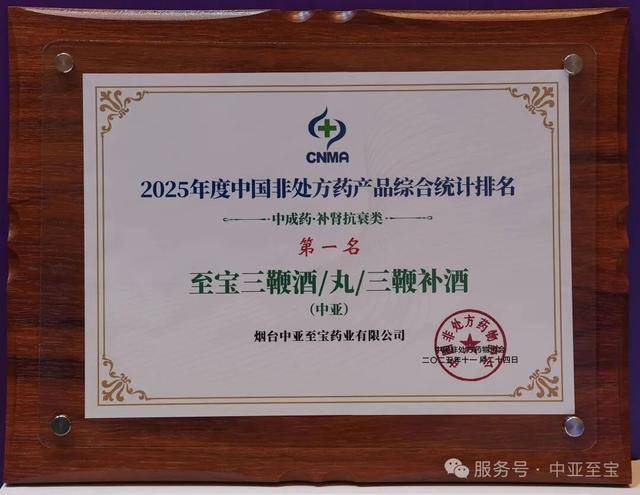 烟台中亚至宝药业三鞭酒/丸/三鞭补酒2025年度再次获得补肾抗衰类第一名