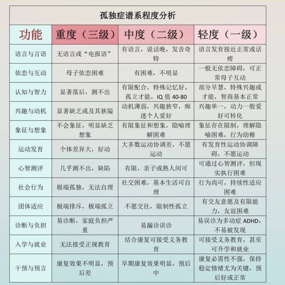 一图了解！自闭症重度、中度、轻度的区别～