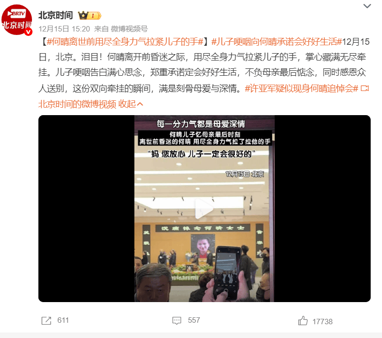何晴儿子透露母亲去世前用全身力气拉自己的手 承诺未来会好好生活