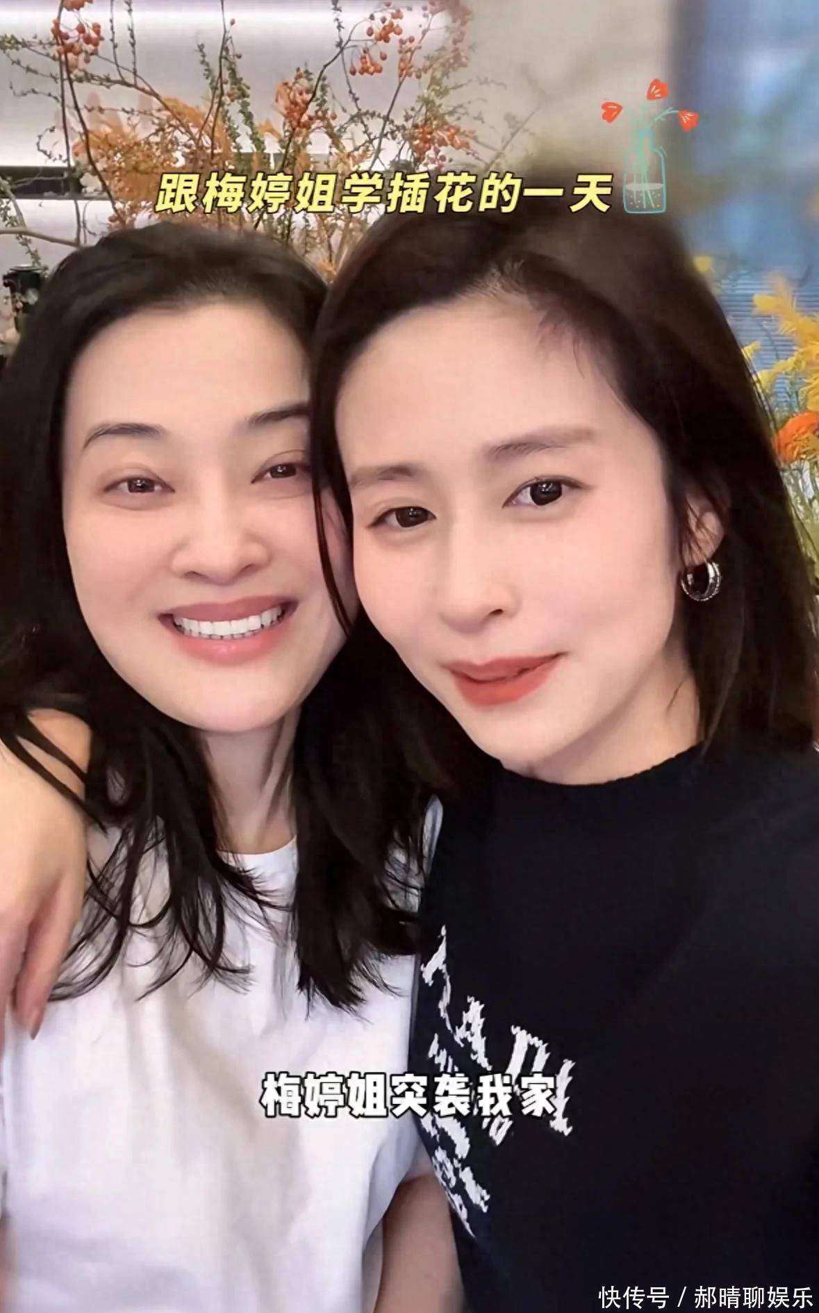 原创            梅婷帮颖儿新家插花，穿T恤戴手套忙出汗，一旁付辛博照片成亮点