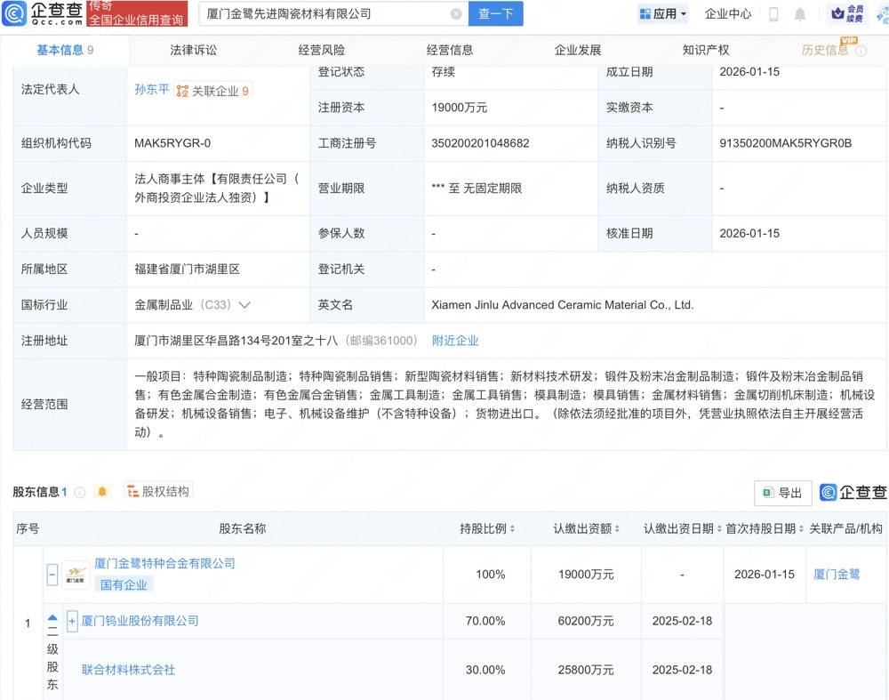 厦门钨业投资成立先进陶瓷材料公司