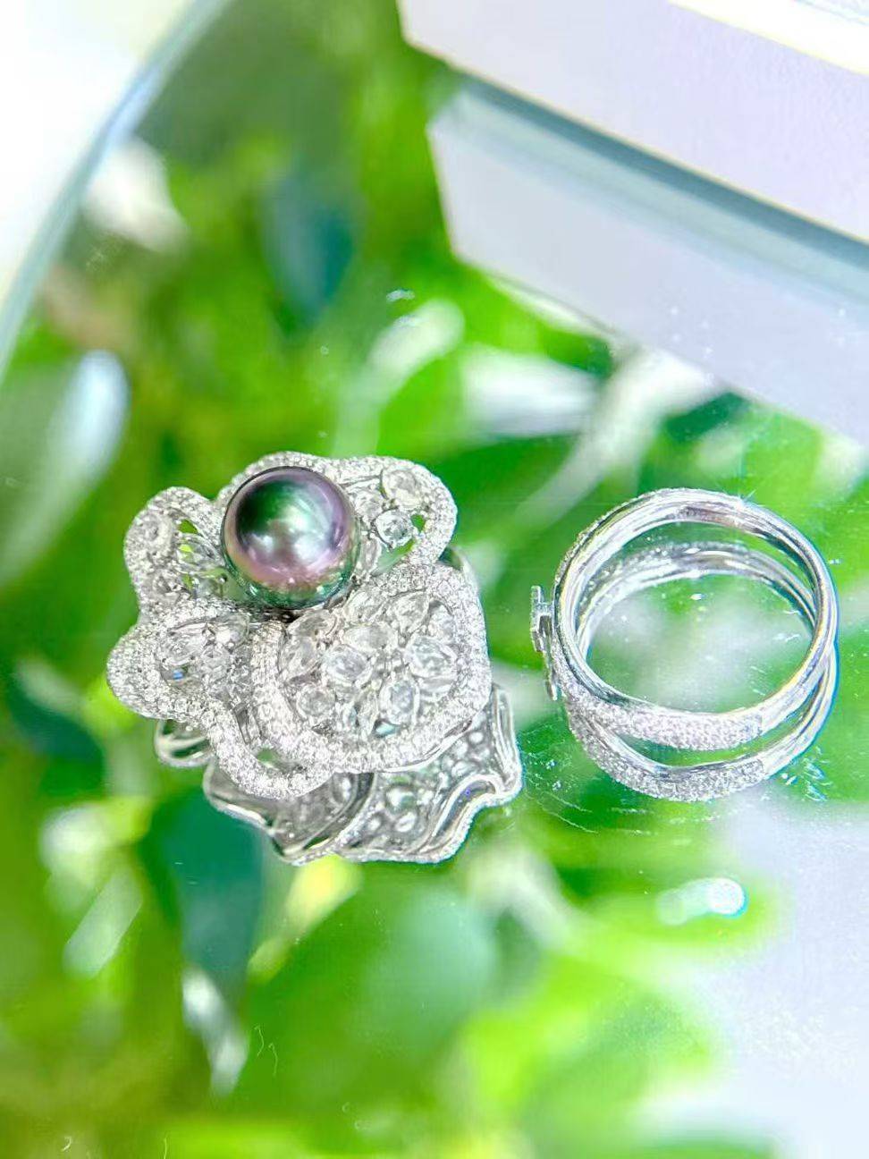 孔雀绿紫光炫彩 10-11MM镜面极光 18K白金钻石2.87ct 白蓝宝3.74ct 吊坠戒指两用（不含链）