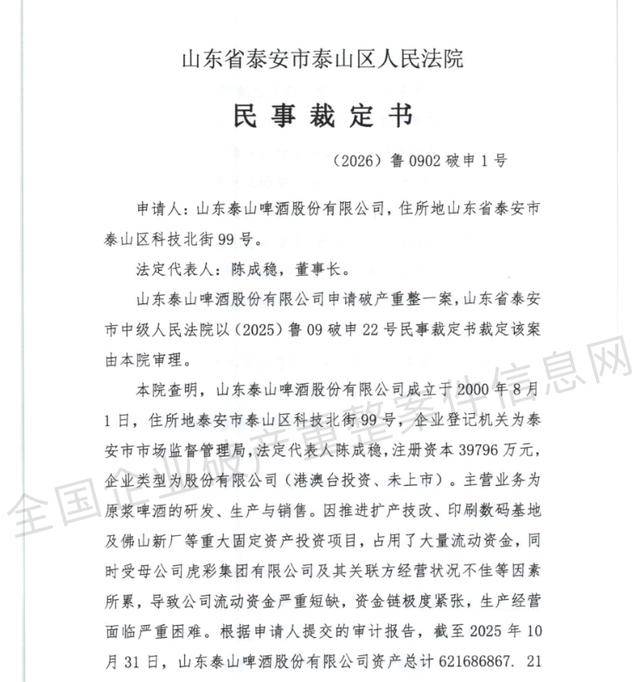 泰山啤酒启动破产重整，泰安市泰山区已成立清算组