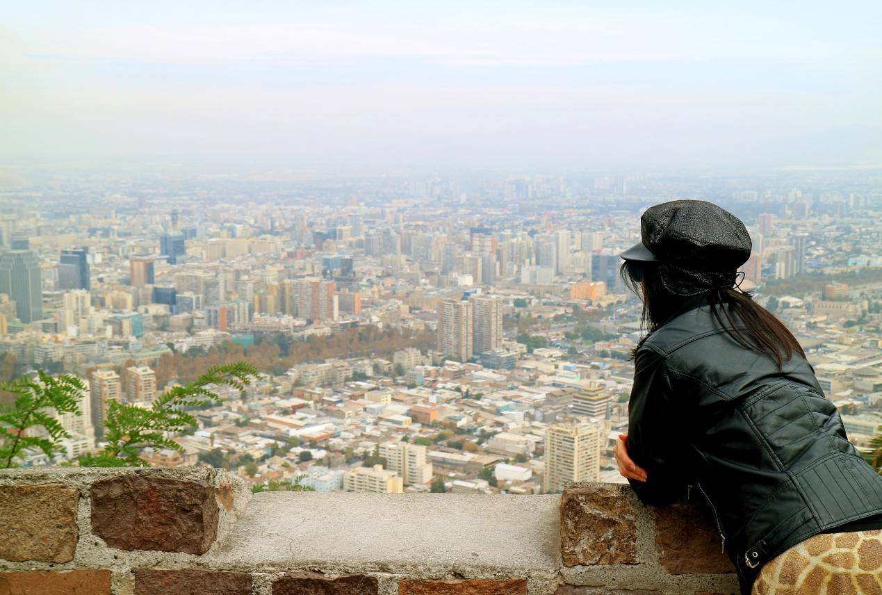 Woman Enjoy Panoramic View of Santiago from San Cristobal Hilltop, Chile, South America